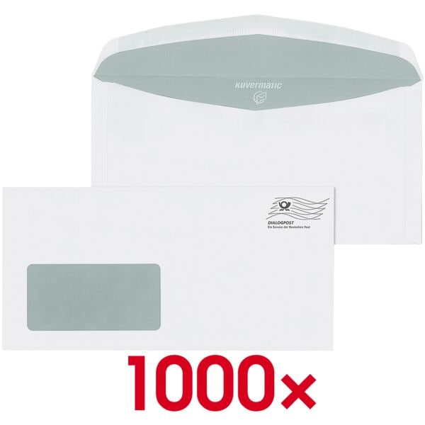 Mailmedia Briefumschläge DL+ mit Fenster und Nassklebung - 1000 Stück weiß, 22.9x11.4 cm