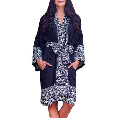 Midnight Rose,'Indonesian Floral Patterned Black and White Short Robe'