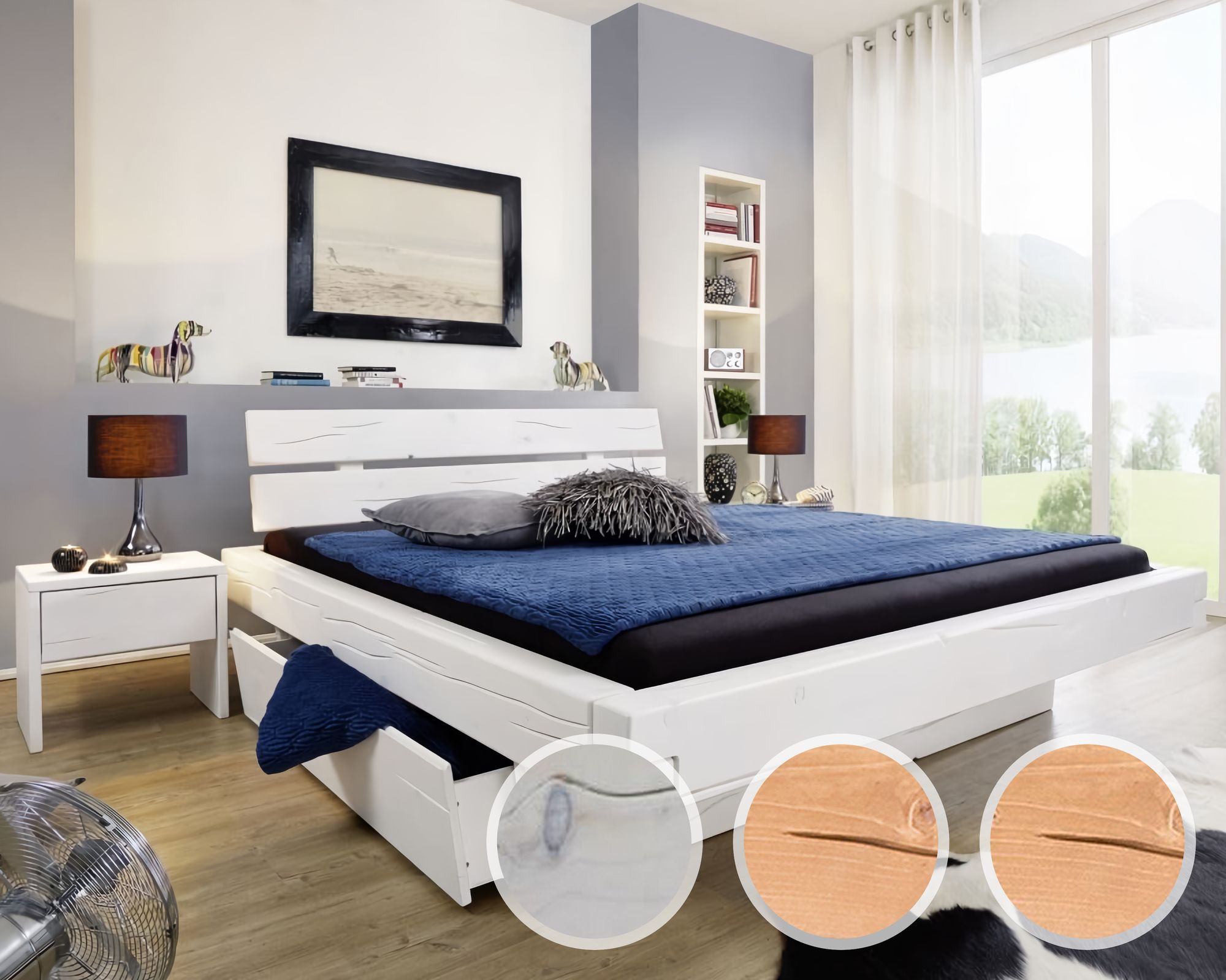 3S Frankenmöbel »Hover« Massivholz Balkenbett BE-0285 / 160x200 cm / Weiss lasiert / mit 1 Schubkasten