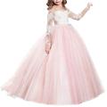 Flower Girls Dress for Wedding Lace Applique Embroidered Kids Princess First Communion Party Bridesmaid Floor Length Layered Pink Floral 10-11 Years