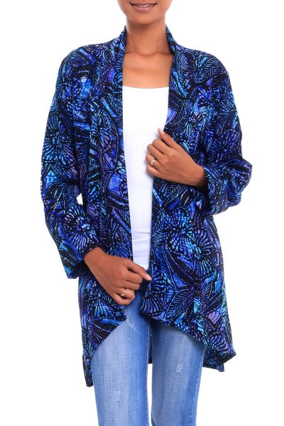 Batik Garden,'Black and Royal Blue Floral Batik Long Kimono Jacket'