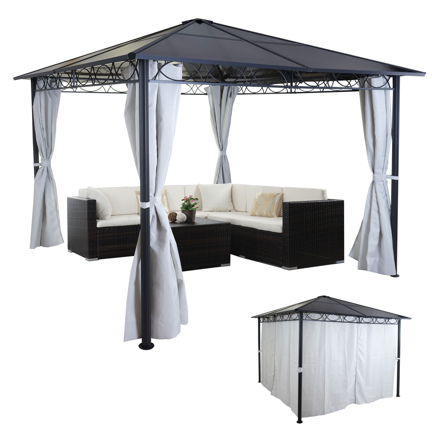 Hardtop Pergola HWC-C77, Garten Pavillon, Kunststoff-Dach Seitenwand Alu hellgrau 3x3m Image