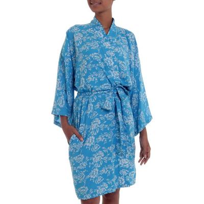 Gorgeous in Cerulean,'Balinese Rayon Short Cross Over Robe Blue Batik Flowers'