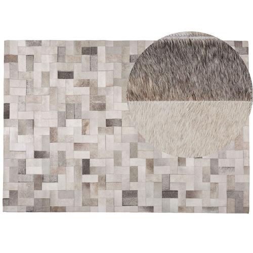 Teppich Grau mit Beige 160 x 230 cm aus Leder Kurzhaarteppich Handgefertigt Patchwork Rechteckig Modern