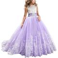 Flower Girls First Communion Dress Lace Kids Princess Wedding Bridesmaid Floor Length Layered Puffy Tulle Dresses Pageant Formal Evening Long Maxi Prom Party Ball Gown 001 Purple 6-7 Years