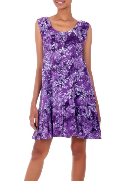 Purple Lily,'Short Rayon Sundress with Purple Floral Batik Pattern'