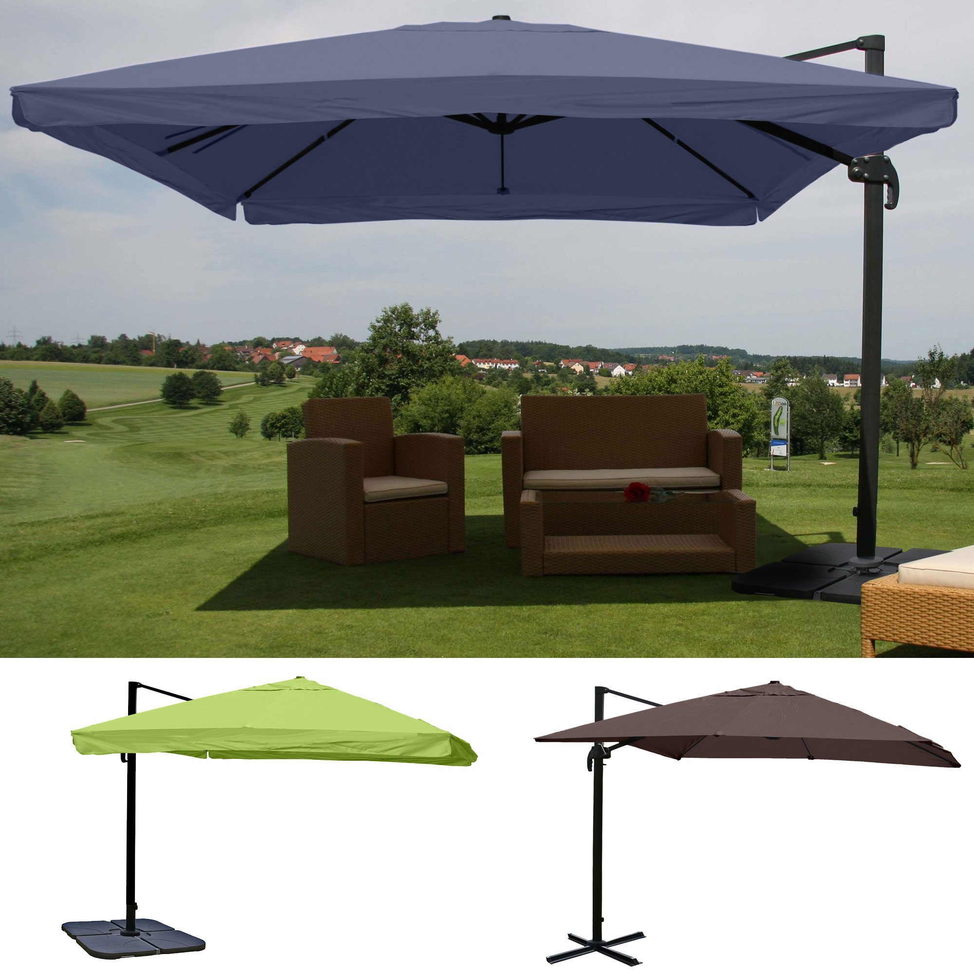 Gastronomie-Ampelschirm HWC-A96, 3x3m (Ø4,24m) Polyester Alu/Stahl 23kg ~ Flap, anthrazit mit Ständer, drehbar Image