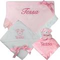 Personalised Gift Baby Shawl Blanket, Hooded Bath Towel & Cuddly Teddy Comforter Set