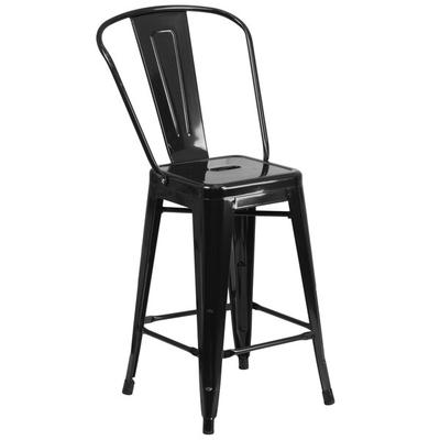 Flash Furniture CH-31320-24GB-BK-GG 24" Black Galvanized Steel Counter Height Stool with Vertical Slat Back and Drain Hole Seat