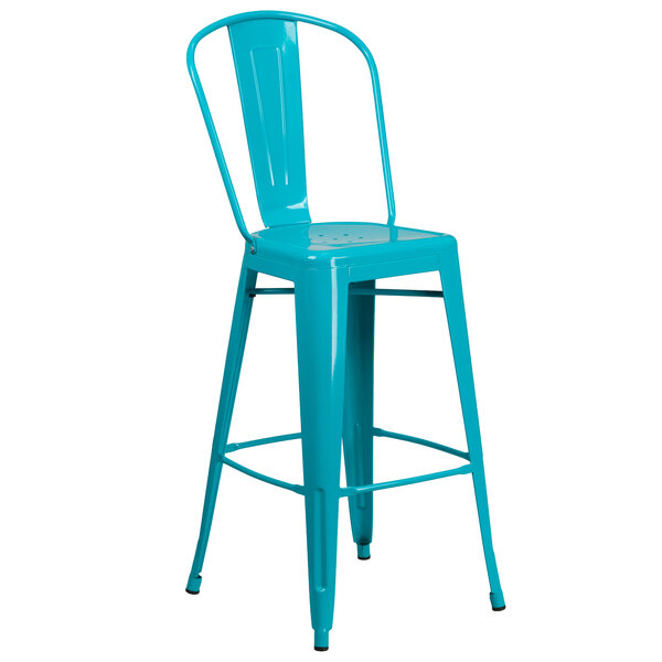 "Flash Furniture ET-3534-30-CB-GG 30"" Crystal Teal Blue Galvanized Steel Bar Height Stool with Vertical Slat Back and Drain Hole Seat"