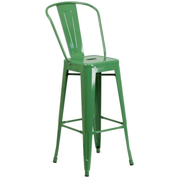 Flash Furniture CH-31320-30GB-GN-GG 30" Green Galvanized Steel Bar Height Stool with Vertical Slat Back and Drain Hole Seat