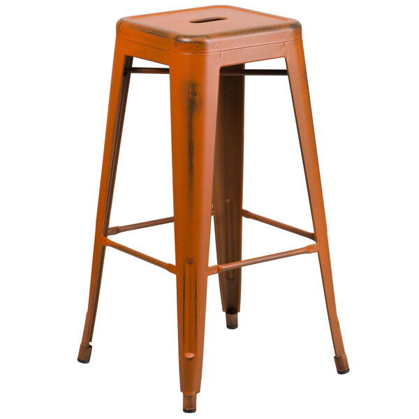 Flash Furniture ET-BT3503-30-OR-GG 30" Distressed Orange Stackable Metal Indoor / Outdoor Backless Bar Height Stool with Square Drain Seat