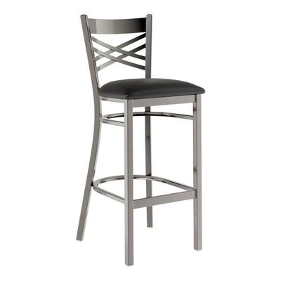 Lancaster Table & Seating Clear Coat Finish Cross Back Bar Stool with 2 1/2" Black Vinyl Padded Seat - Detached Seat