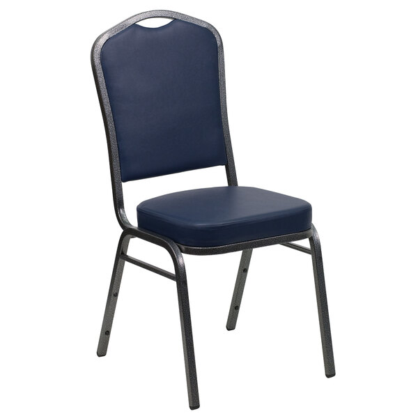 Flash Furniture FD-C01-SILVERVEIN-NY-VY-GG Hercules Navy Blue Vinyl Crown Back Stackable Banquet Chair with Silver Vein Frame