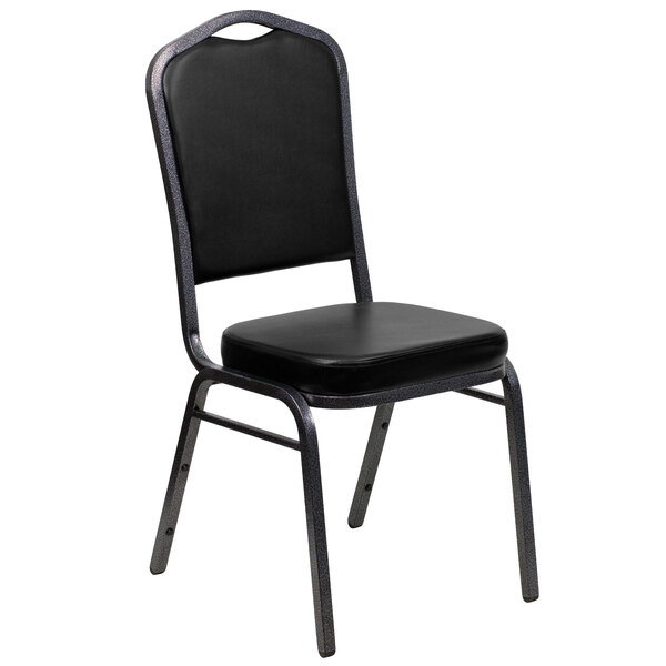 Flash Furniture FD-C01-SILVERVEIN-BK-VY-GG Hercules Black Vinyl Crown Back Stackable Banquet Chair with Silver Vein Frame