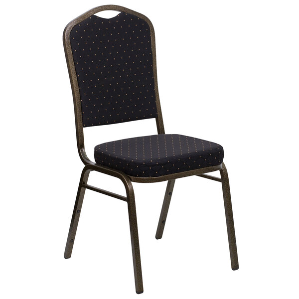 Flash Furniture FD-C01-GOLDVEIN-S0806-GG Hercules Black Pattern Fabric Crown Back Stackable Banquet Chair with Gold Vein Frame