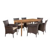 Ivy Bronx Pelton Outdoor 7 Piece Wicker Dining Set w/ Cushions Wood/Wicker/Rattan in Brown/White | 29.25 H x 71 W x 35.5 D in | Wayfair