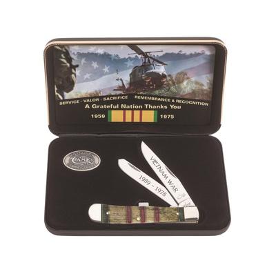 Case Vietnam War Gift Set - Smooth Natural Bone w/Green Yellow and Red Color Wash Trapper Blade 6254 SS in Jewel Box 22040