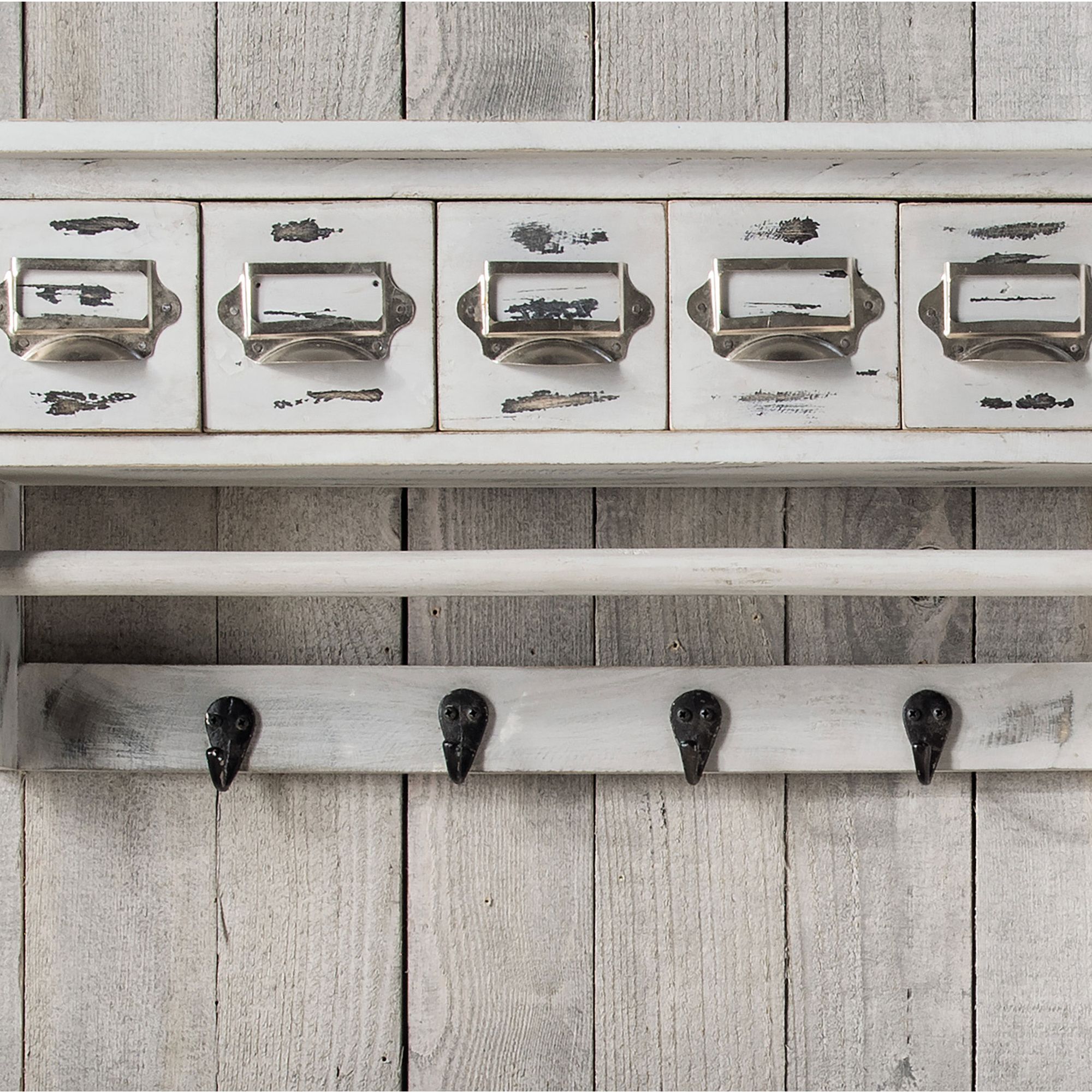 die Faktorei »Vintage« Wandregal White 5 Schubfächer, 4 Haken, 1 Kleiderstange