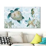 Highland Dunes 'Watercolor Sea Creatures Panel (Blue)' Watercolor Painting Print Canvas in Blue/Green | 18 H x 30 W x 1 D in | Wayfair