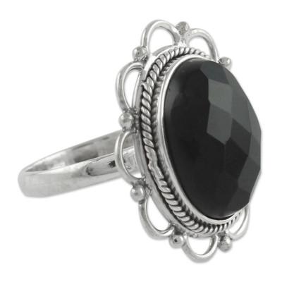 Onyx flower ring, 'Midnight Blossom'