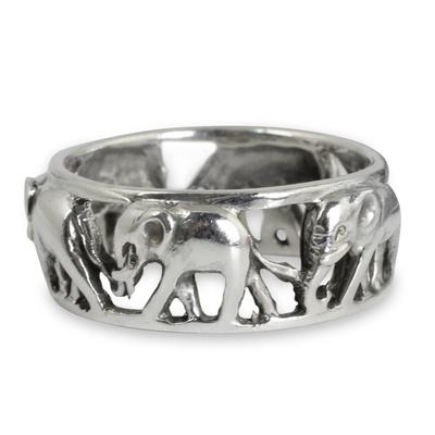 'Elephant Walk' - Sterling Silver Elephant Theme Band Ring from Thailand