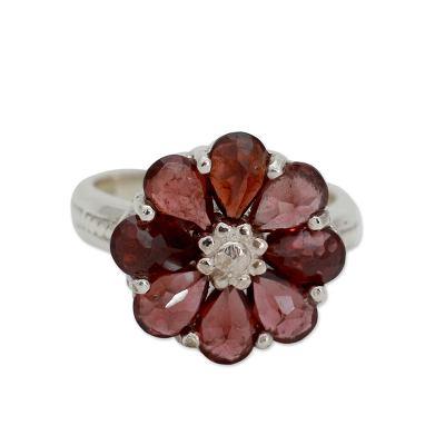 'Joyous Blossom' - Garnet Flower Ring Artisan Crafted with Sterling Silver