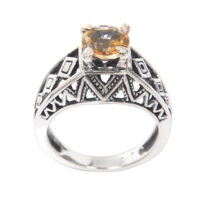 Sun Goddess Temple,'Balinese Silver Lattice Handcrafted Citrine Cocktail Ring'