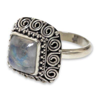 Celuk Treasure,'Artisan Crafted Sterling Silver Ring with Rainbow Moonstone'
