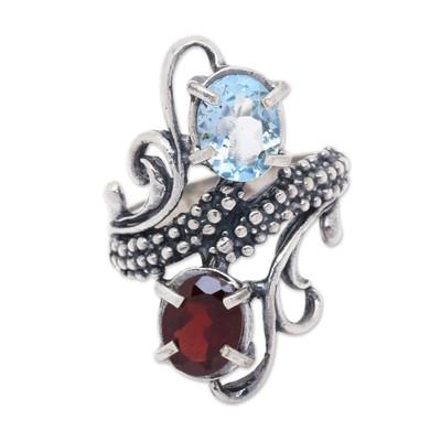 Magical Union,'Garnet and Blue Topaz Cocktail Ring from Indonesia'