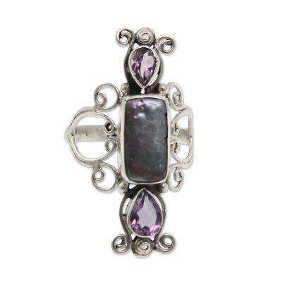 Lavender Myths,'Pearl and Amethyst Silver Cocktail Ring'