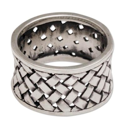 Bamboo Mat,'Wide Sterling Silver Band Ring with Woven Motif'