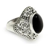 Onyx flower ring, 'Silence' - Sterling Silver and Onyx Cocktail Ring