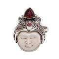 White Knight,'Carved Bone and Sterling Silver Ring with Garnet Accents'