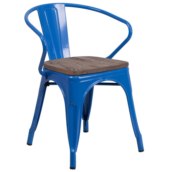Flash Furniture CH-31270-BL-WD-GG Blue Stackable Metal Chair with Arms, Vertical Slat Back, and Wood Seat
