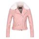 Womens PU Leather Bomber Jackets, Detachable Fur Collar Casual Zipped Coat Fleece Lined Thick Jacket Outwear with Adjustable Waist Pink