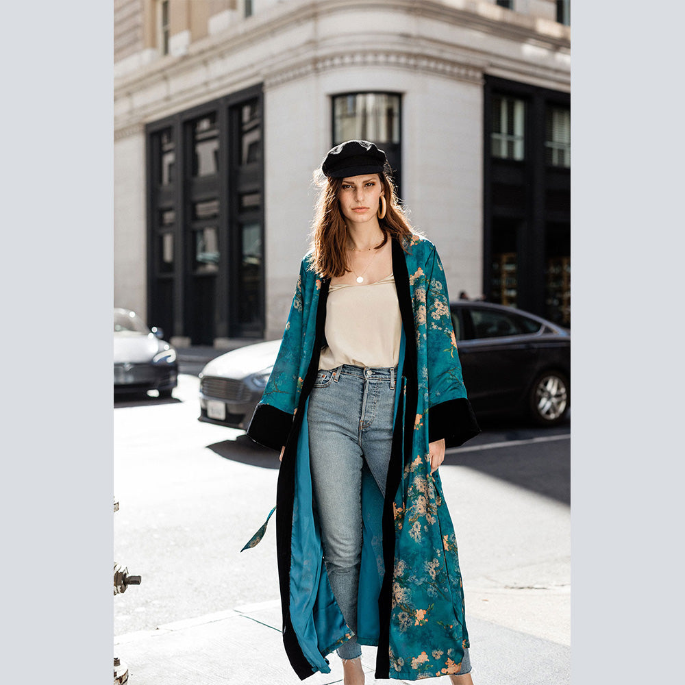KIM+ONO Kimono Robe | Haruka Long Kimono Wrap | Polyester Charmeuse | Teal | Long
