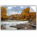 Ebern Designs Michael Beach Autumn Covered Bridge Removable Wall Decal Vinyl in Blue/Gray/Yellow | 12 H x 18 W in | Wayfair