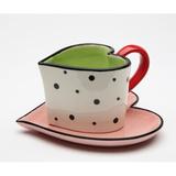 Winston Porter Peguero Heart Shaped Polka Dotted 2-Piece Teacup & Saucer Set Ceramic in Green/Pink | 2.5 H in | Wayfair