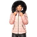 Ladies Womens Quilted Puffer Bubble Padded Faux Fur Collar Trimmed Hooded Winter Belted Piping Warm Thick Parka Zip Jacket Coat Pink UK Size M/10