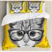 East Urban Home Animal Sketchy Hand Drawn Design Baby Hipster Cat Cute Kitten w/ Glasses Image Duvet Cover Set Microfiber in Yellow | Queen | Wayfair