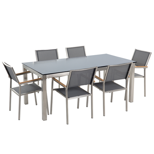 Gartenmöbel Set Schwarz Grau Sicherheitsglas Edelstahl Tisch 180 cm 6 Stühle Terrasse Outdoor Modern