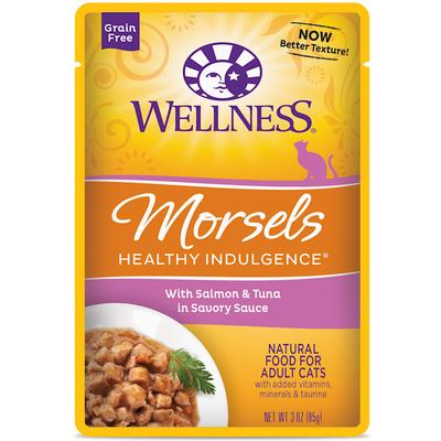 Wellness Healthy Indulgence Natural Grain Free Morsels With Salmon & Tuna in Savory Sauce Wet Cat Food, 3 oz., Case of 12