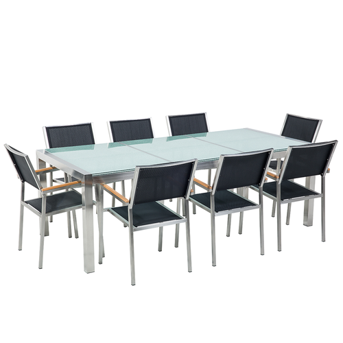 Gartenmöbel Set Schwarz Sicherheitsglas Edelstahl Tisch 220 cm 8 Stühle Terrasse Outdoor Modern