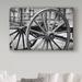 Millwood Pines 'Wagon Wheel Cart' Photographic Print on Wrapped Canvas Metal in Black/Gray/White | 22 H x 32 W x 2 D in | Wayfair