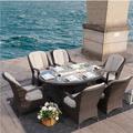 Darby Home Co Carshalt 7 Piece Outdoor Dining Set w/ Cushions & Firepit Glass/Mosaic in Brown | 27.16 H x 70.86 W x 47.24 D in | Wayfair