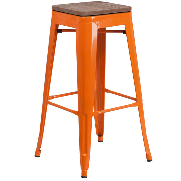 Flash Furniture CH-31320-30-OR-WD-GG 30" Orange Stackable Metal Backless Bar Height Stool with Square Wood Seat
