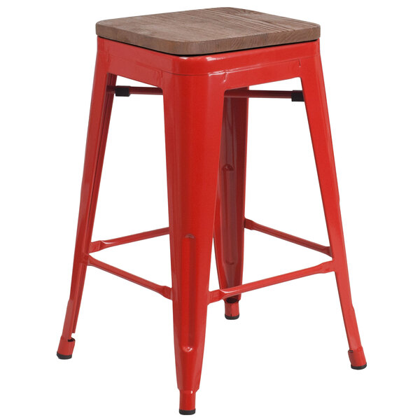 Flash Furniture CH-31320-24-RED-WD-GG 24" Red Stackable Metal Backless Counter Height Stool with Square Wood Seat