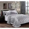 Luxurious 3 Piece Quilted Crushed Velvet Bedspread Bed Throw with Pillow Shams Santiago Silver Grey King