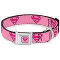 Buckle-Down Hundehalsband, Sicherheitsgurt-Schnalle, Superman-Schild, Rosa, 38,1 bis 66 cm, 2,5 cm breit